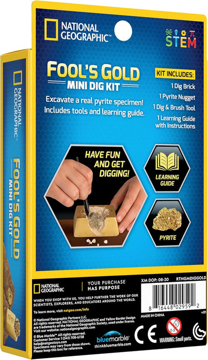 National Geographic Mini Fool's Gold Dig Kit - Excavation Kits for Kids with Dazzling Pyrite Specimen and Learning Guide | STEM Educational Science Kits Gifts for 8+ Year Old Boys and Girls