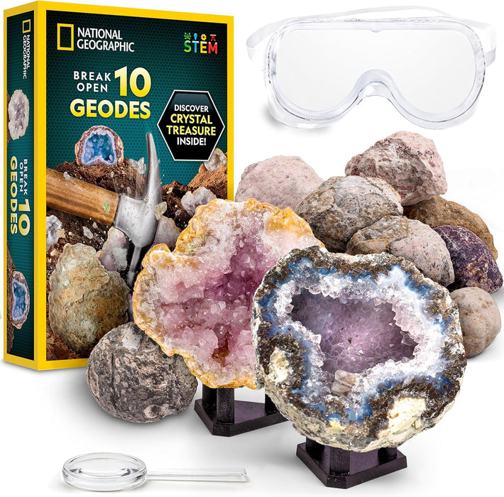 NATIONAL GEOGRAPHIC Break Open 10 Premium Geodes – Includes Goggles and 2 Display Stands - Great STEM Science Kit, Geology Gift for Kids, Break Your Own Geodes with Crystals, Toys for Boys and Girls