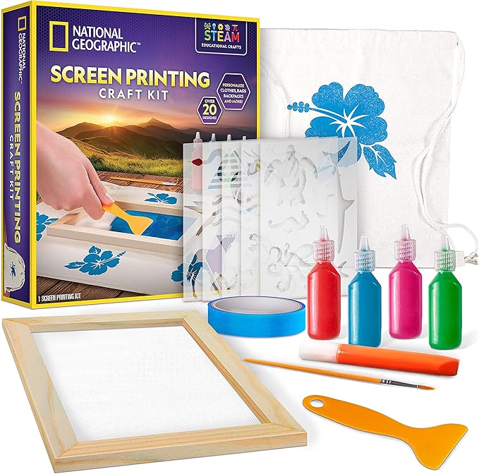 National Geographic Kids Screen Printing Kit - Arts and Crafts Silk Screen Printing Kit with Fabric Paint, Frame, Stencils & Squeegee Plus Drawstring Bag & More, Screen Print, Silkscreening Kit