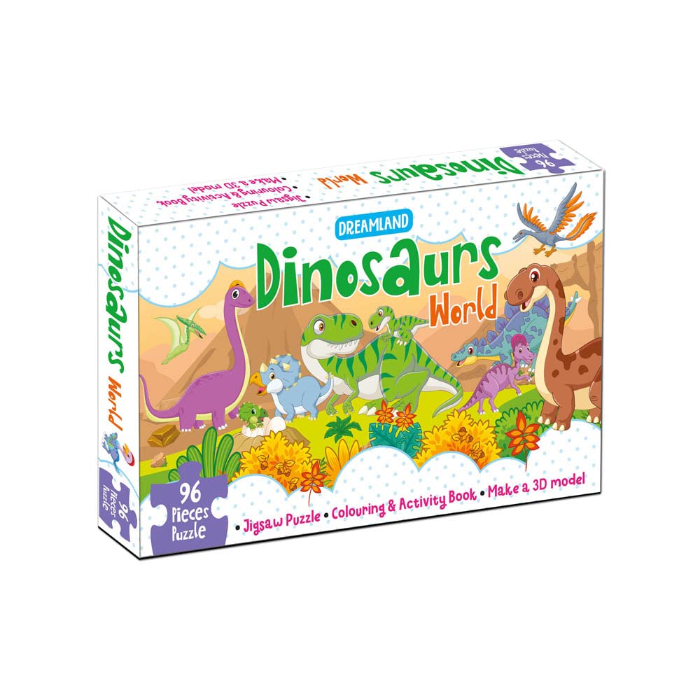 Dreamland Dinosaurs World Jigsaw Puzzle for Kids – 96 Pcs | with Colouring & Activity Book and 3D Model