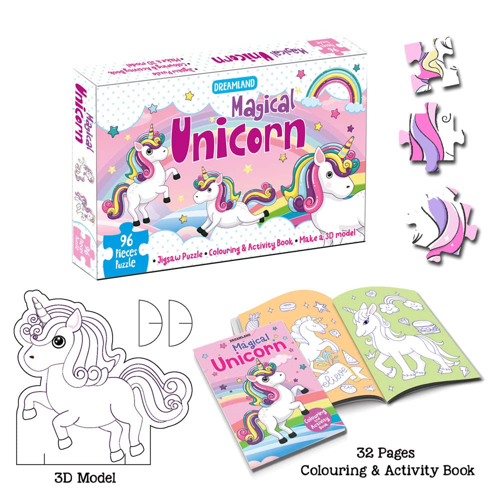 Dreamland Magical Unicorn Jigsaw Puzzle for Kids – 96 Pcs | with Colouring & Activity Book and 3D Model
