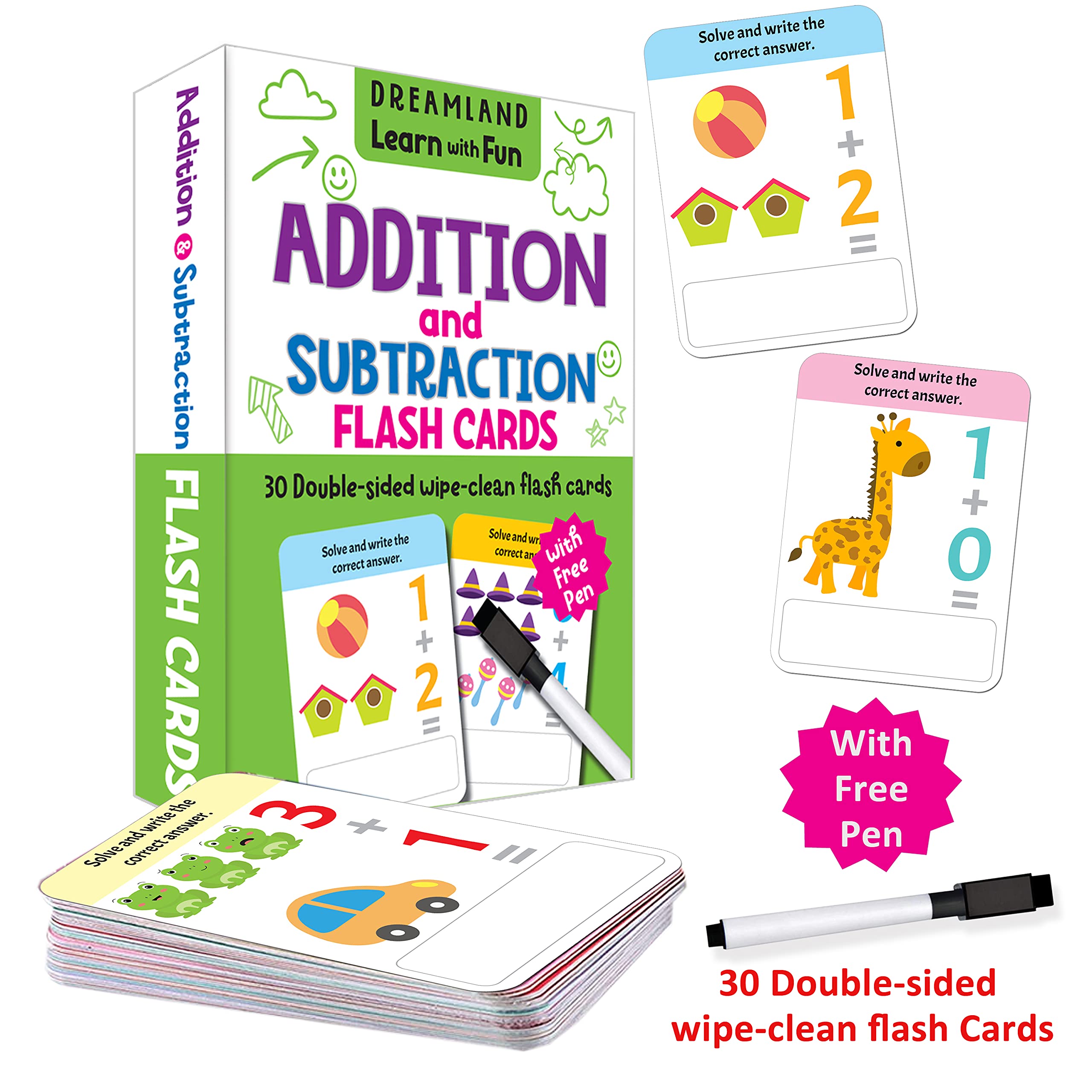 Flash Cards Addition and Subtraction- 30 Double Sided Wipe Clean Flash Cards for Kids (With Free Pen)